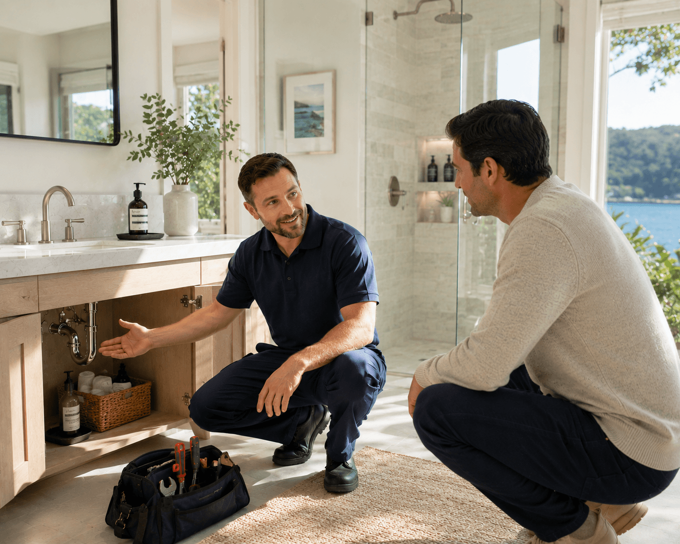 Plumber explaining repair work to a property owner
